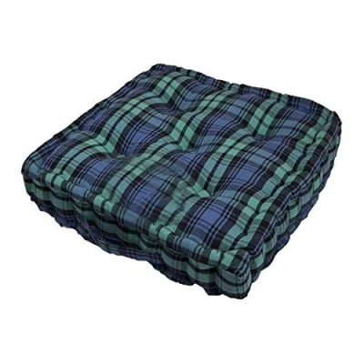 Image of HOMESCAPES Black Watch Tartan 100% Cotton Large Floor Cushion Geen Blue 50 x 10 cm Square Indoor Garden Dining Chair Booster Seat Pad
