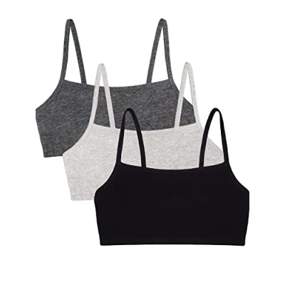 Image of Fruit of the Loom Women&#039;s Spaghetti Strap Cotton Pull Over 3 Pack Sports Bra, Opaque, Black/Heather Grey/Charcoal, 42 (Pack 3)