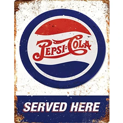 Image of BigBazza Vintage Advertising Wall Tin Plaque 20x15cm Pub Shed Bar Man Cave Home Bedroom Office Kitchen Gift Metal Sign Retro Pepsi Cola Advert Served Here USA Soft Drink inspired Café Shop