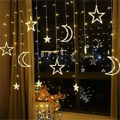 Image of ABIN Christmas LED String Lights 3.5m Star Moon Curtain Garland Wedding Decorations for Christmas, Wedding, Party, Home, Terrace, Ramadan, Lawn (Warm Light)