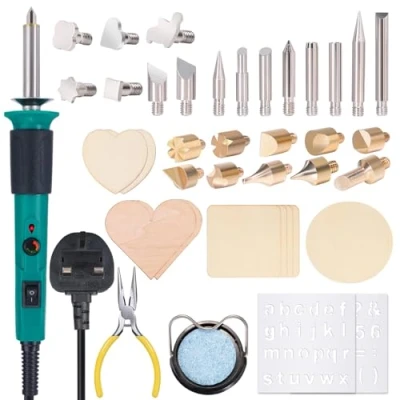 Image of YIHUA 930 IV Wood Burning Kit Pyrography Pen Tool with Heat Adjustable Pen, 25 Tips, 10 Pieces, 2 Burner Stencils, Set (UK Plug)