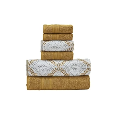 Image of Modern Threads Capri 6 Piece Reversible Yarn Dyed Jacquard Towel Set Bath Towels, Hand &amp; Washcloths Super Absorbent Quick Dry 100% Combed Cotton, Gold