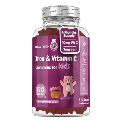 Image of Iron &amp; Vitamin C Gummies for Kids 4 Months Supply 120 Natural Mixed Berry Flavour Energy Immune System Vegan Supplements No Aftertaste