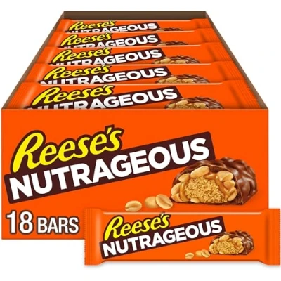 Image of Reese&#039;s Chocolate flavour Nutrageous Bar, with Peanuts, Peanut butter and Caramel covered in flavoured coating, Pack of 18 x 47 g
