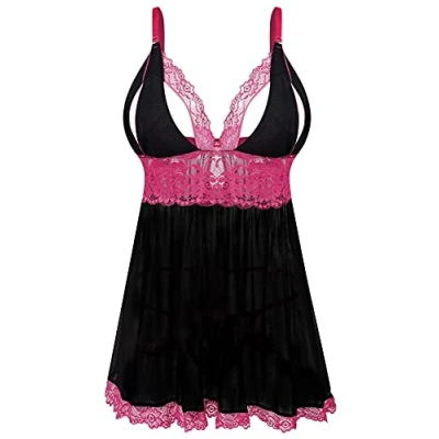 Image of EVELIFE Women Sexy Plus Size Babydoll Dress Lace Lingerie Chemise Nightwear Set with G String(Black, XX Large)