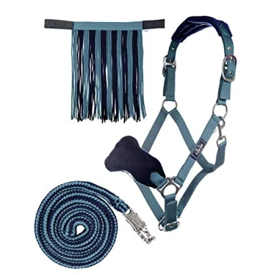 Image of HKM 10734 Halter Set, Fly Fringe Knitted 180 cm Panic Hook, Petrol Navy, Crossbred
