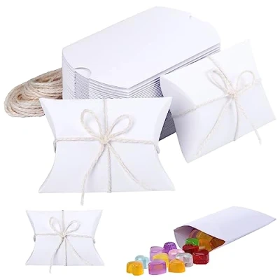 Image of HSEAMALL White Pillow Box Wedding Favour Boxes Swteets Candy W/Rope,50 Pack