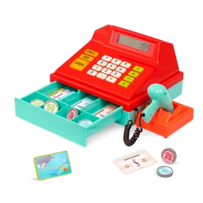 Image of Battat Toy Cash Register for Kids, Toddlers 49Pc with Money, Credit Card, Scanner Red Calculating Pretend Play Toy, 3 Years +