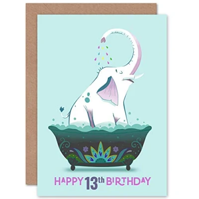 Image of Wee Blue Coo Elephant Bath Birthday 13th Greetings Card