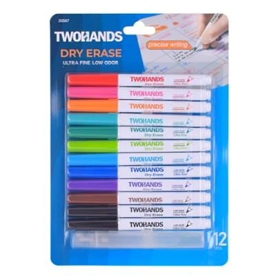 Image of TWOHANDS Whiteboard Markers, 11 Colours Dry Wipe Pens with White Board Cleaner, Ultra Fine Tip Erase Markers for Home, School, Office, 12 Count, 20567