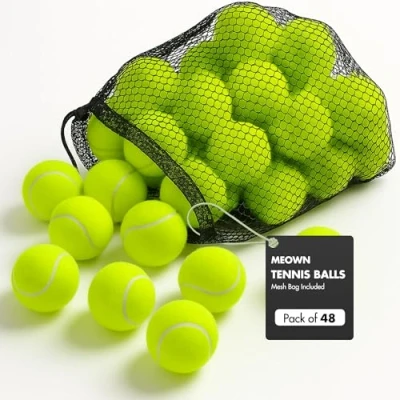 Image of Meown Tennis Balls 48 Pack Pressureless Ideal for Sports Practice, Pet Play, Dog Training &amp; Throwing Machines Includes Mesh Carrying Bag All Court Types