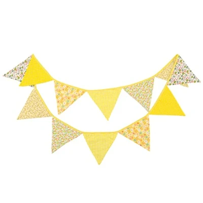 Image of G2PLUS Double Sided Fabric Bunting Banner, Two Layer Triangle Floral Bunting, 3.3M with 12PCS Yellow Pennants, Cotton Shabby Chic Garland for Bedroom Easter Tea Party Decorations
