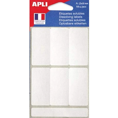 Image of APLI 102545 Pack of 18 Soluble White Labels 25 x 50 mm