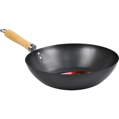 Image of Lavv Housewares Non Stick Carbon Steel Flat Bottom Stir Fry Wok with Wooden Handle (30cm, Long Handle)