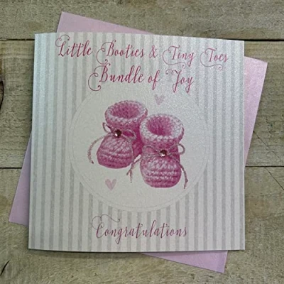 Image of White Cotton Cards Little Tiny Toes Bundle of Joy Congratulations, Handmade New Baby Girl Card (Pink Booties)