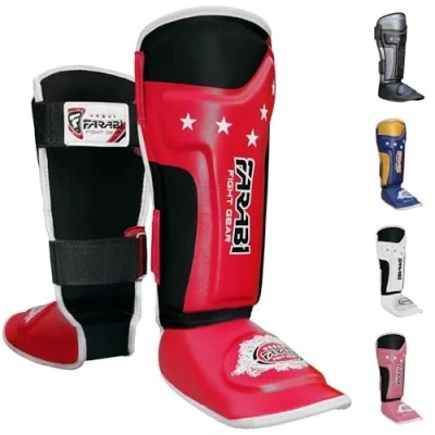 Image of Farabi Sports Kids Shin Guards Instep Kickboxing Pads MMA, Muay Thai (Kids, Red)