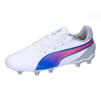 Image of Puma KING Match FG/AG JR Unisex Moulded stud football boots for kids, Size: 12K, White/bluemazing/flat light gray Textile/synthetics