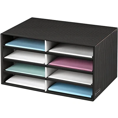 Image of BANKERS BOX Decorative Eight Compartment Literature Sorter, Letter, Black/Gray Pinstripe (6170302), Corrugated Paper, 19 1/2 x 12 3/8 10 1/4 in