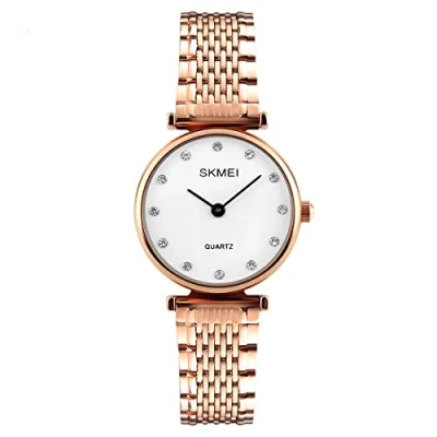 Image of Skmei Women&#039;s Watch Rose Gold White Intricate Link Strap Crystal Stones SK1223