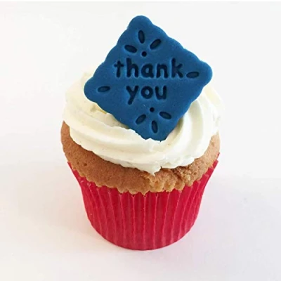 Image of 6 Blue Sugar &quot;Thank You&quot; Cake Decorations Edible, Unique and Made with Love in The UK!