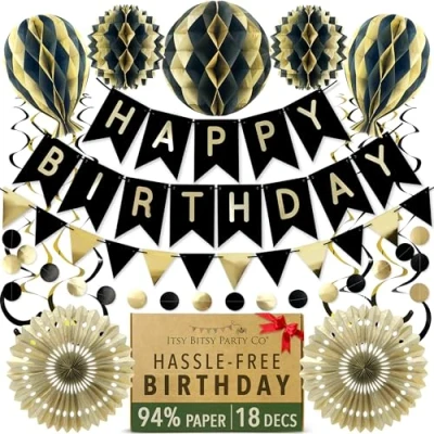 Image of Premium Reusable Birthday Party Decorations Black &amp; Gold Decoration Set Happy Banner, Bunting, Honeycomb Decorations, Streamers (Paper Decorations)