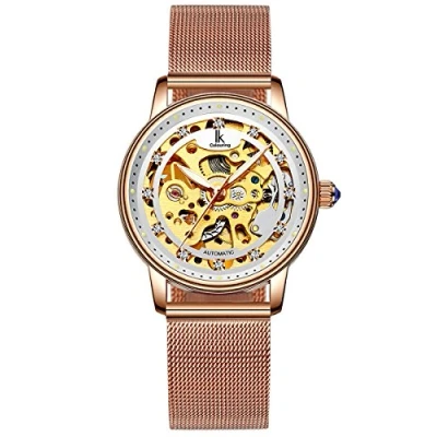 Image of Alienwork Automatic Women&#039;s Watch Rose Gold Metal Mesh Strap White Skeleton Glass Bottom