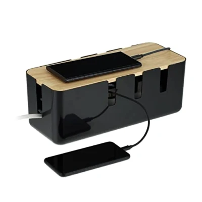 Image of Relaxdays Cable Box, for 2 Socket Strips, Wooden Lid, Plastic, Hide, Organise Desk, HxWxD: 11.5 x 30.5 12.5 cm, Black, 80% 20% Wood