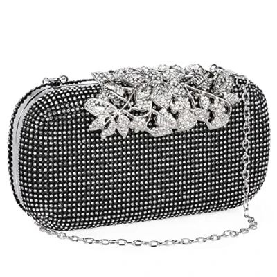 Image of ELEOPTION Women Crystal Diamond Evening Bag with Detachable Chain Chic Leaves Clasp Clutch Diamante Ladies Sparkly Rhinestone Purse Wallet Handy Party Bridal Prom Wedding,Black