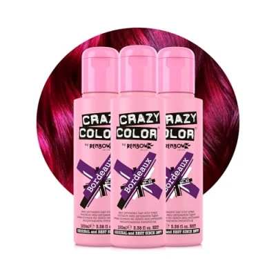 Image of Crazy Color Vibrant Bordeaux Semi Permanent Trio Hair Dye. Highly Pigmented Plum Wine Conditioning &amp; Oil Nourishing Vegan Formula No Bleach or Ammonia 300ml