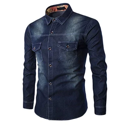 Image of Men&#039;s Washed Distressed Denim Shirt Casual Slim Fit Button Down Long Sleeve Cowboy Work with Pocket(Dark Blue,Medium)