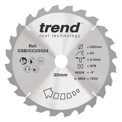 Image of Trend Wood Mitre Saw Blade, 255mm Diameter, 30mm Bore, 24 Teeth, 2.4mm Kerf, 5 Hook, TCT, Coarse Finish, CSB/CC25524