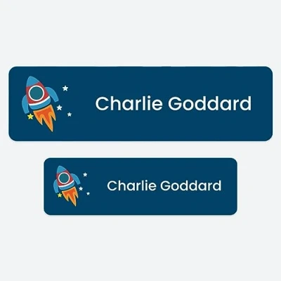 Image of 50 x No Iron Medium Personalised Stick On Waterproof Washable Name Labels Great for Clothes, School Uniform, Equipment, Shoes and Much More. School, Nursery, Day Care, Hospital Rocket