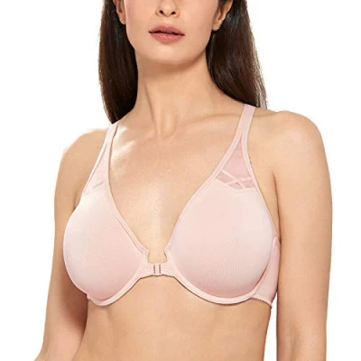 Image of Delimira Women&#039;s Front Fastening Bras Underwire Non Padded Plunge Racer Back Comfort Plus Size Bra Gentle Rose 34B