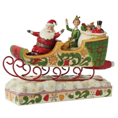 Image of Elf by Jim Shore Spreading Christmas Cheer (Buddy And Santa In Sleigh) Figurine