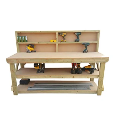Image of Wooden MDF Workbench With Back and Double Shelf Work Table Handmade Strong Heavy Duty Made From Construction Grade Timber (7ft)