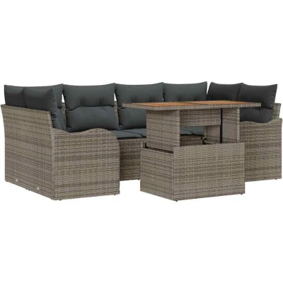 Image of vidaXL 7 Piece Garden Sofa Set with Cushions Grey Poly Rattan Acacia