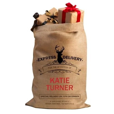 Image of Personalised Christmas Santa Sack Stocking Xmas Extra Large Hessian Traditional Bag Reusable Holiday Present (Express Delivery)