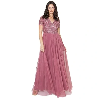 Image of Maya Deluxe Women&#039;s Ladies Dress for Wedding Guest Plus Size Empire High Waist Sequins Short Sleeve Evening Bridesmaid, Desert Rose, 8