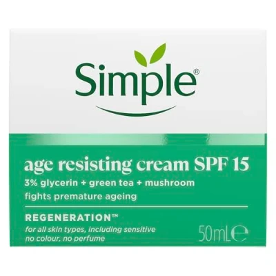 Image of Simple Regeneration Age Resisting Face Cream SPF 15 with 3% Glycerin, Green Tea and Mushroom Extract Anti Ageing Moisturiser 50 ml