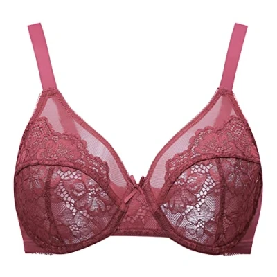 Image of MELENECA Women&#039;s Full Coverage Unlined Plus Size Minimizer Underwire Lace Bra Cabernet Red 44G