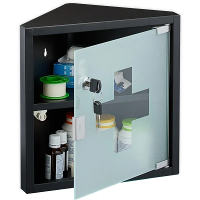 Image of Relaxdays Corner Medicine Cabinet, with 1 Shelf, 30x30x17.5 cm, Lockable, First Aid Cupboard, Steel, Glass Door, Black