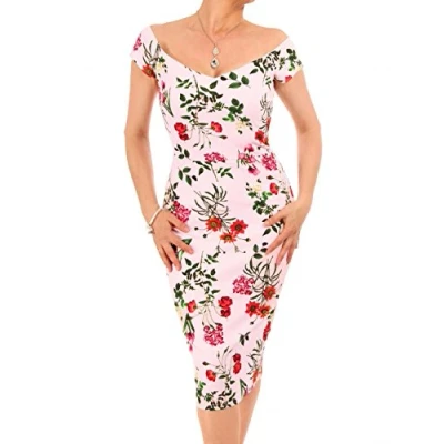 Image of Women&#039;s Fully Lined Knee Length Short Sleeve Bardot Pencil Dress Size 14 Pastel Pink