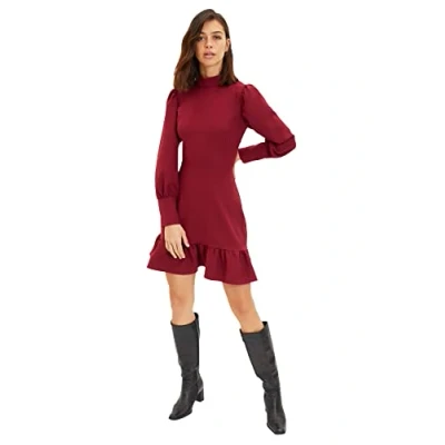 Image of Trendyol Women Midi Ruffle Hem Regular Woven Dress Burgundy