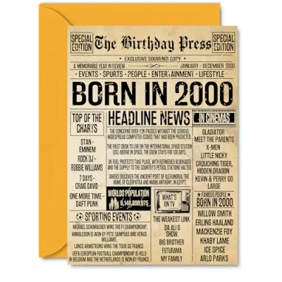 Image of 25th Birthday Card for Men Women Bday Press Newspaper 2000 Happy 25 Cards Uncle Son Auntie Wife Daughter Sister, A5 Greeting