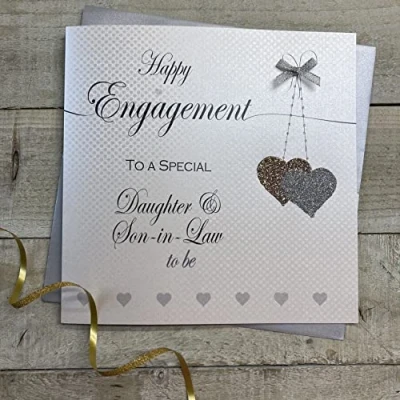 Image of WHITE COTTON CARDS LARGE DAUGHTER &amp; SON IN LAW TO BE ENGAGEMENT CARD HANGING HEARTS, HANDMADE (XLL73 E DS)