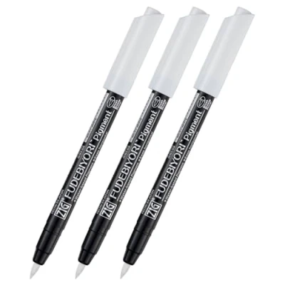 Image of Kuretake ZIG FUDEBIYORI PIGMENT Milky White 3 pens set, For Lettering, Illustlation, AP Certified, Flexible Hard brush tip, Effective on black paper, Professional quality, Made in Japan