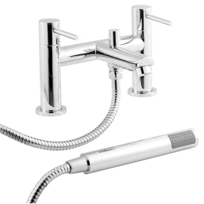 Image of Nuie FJ314 Series Two ǀ Modern Bathroom Round Deck Mounted Bath Filler Tap with Shower Kit and Wall Bracket, 226 x 142 146mm, Chrome