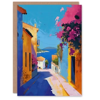 Image of Artery8 Greeting Card Santorini Seaside Coastal Town Painting Colourful Blank For Him Or Her Art Birthday