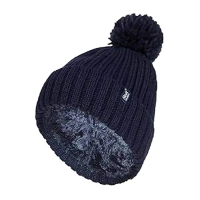 Image of HEAT HOLDERS Ladies Thick Chunky Ribbed Cuffed Thermal Insulated Winter Pom Bobble Hat (One Size, Navy (Arden))