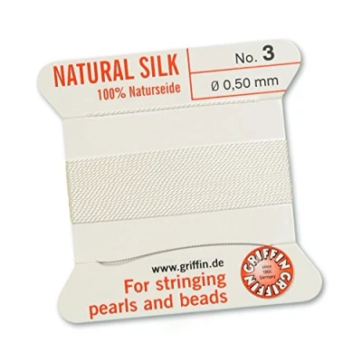 Image of GRIFFIN 100% Natural Silk Beading Cord String Thread White 2 metres with one needle Size 0.50mm